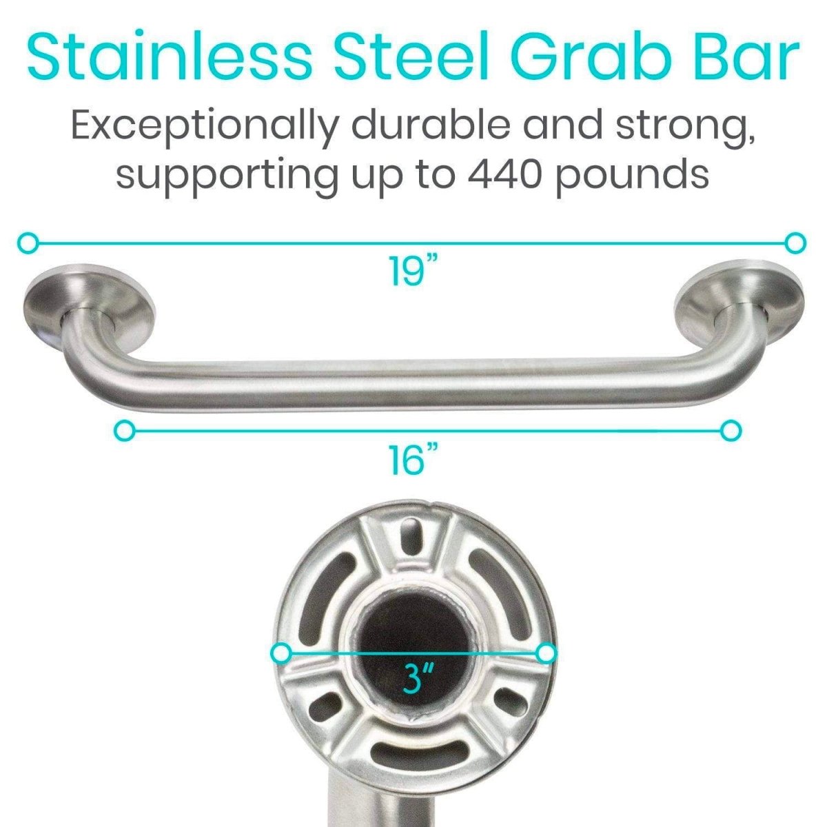 Stainless steel 24 in grab bar with two round wall flanges and curved grip