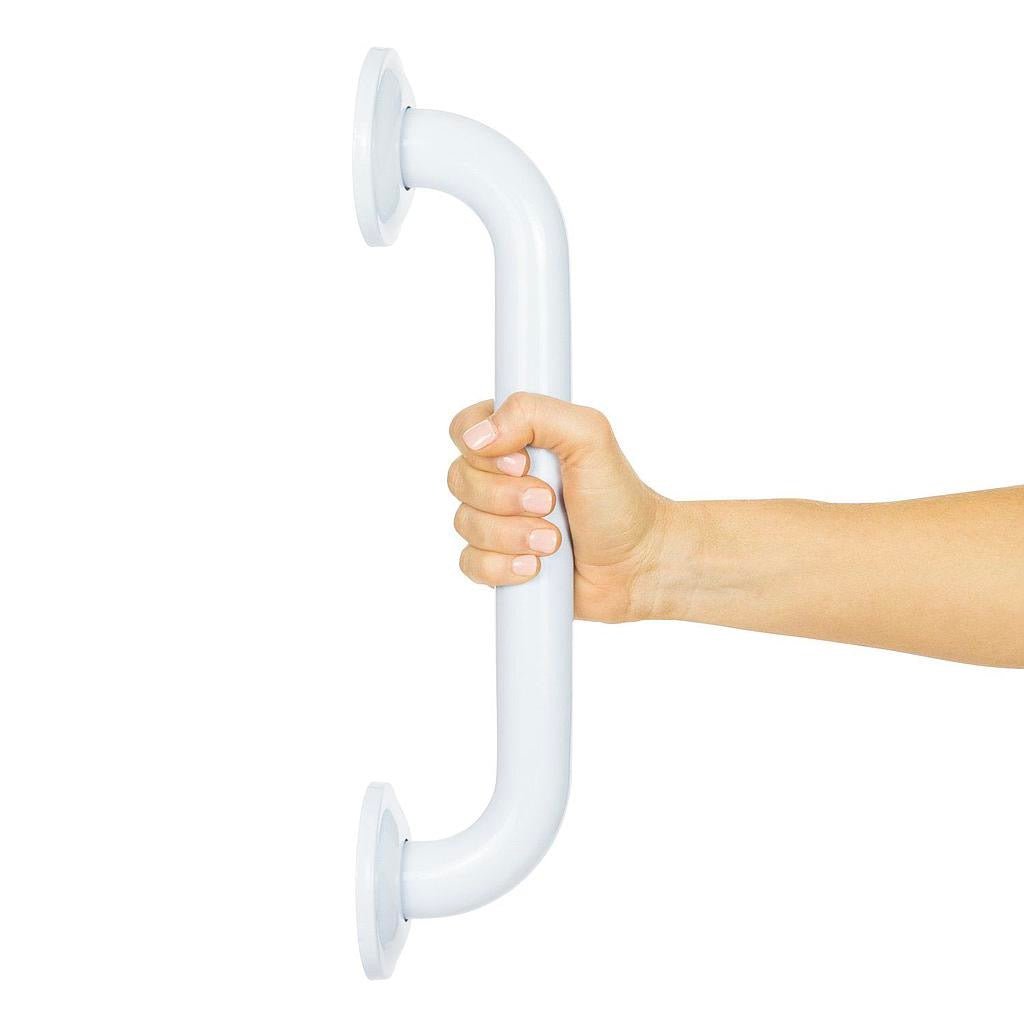 Bronze 24 in grab bar with curved hand grip and two round wall flanges