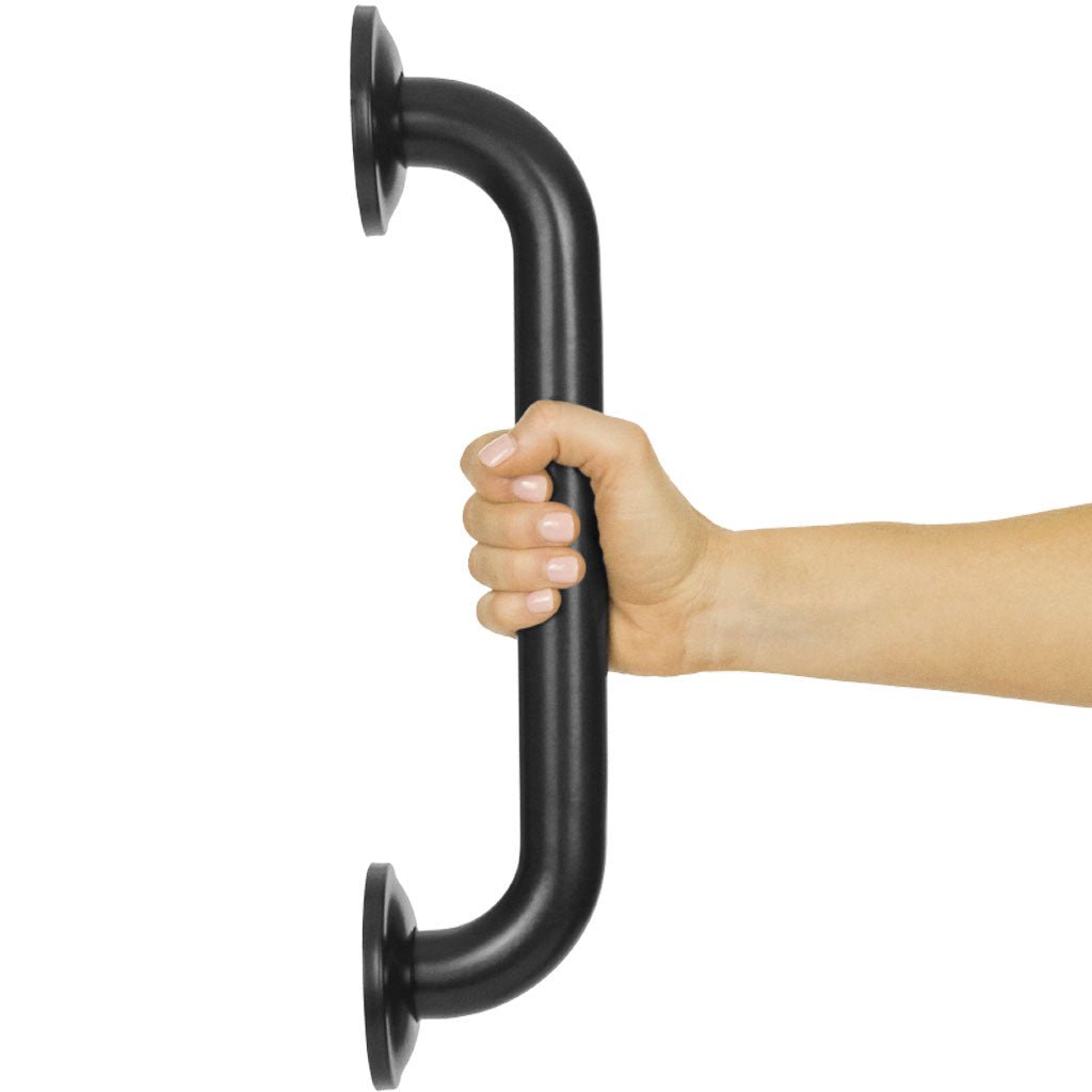 24 in curved grab bar in black finish, held by hand with two round wall flanges