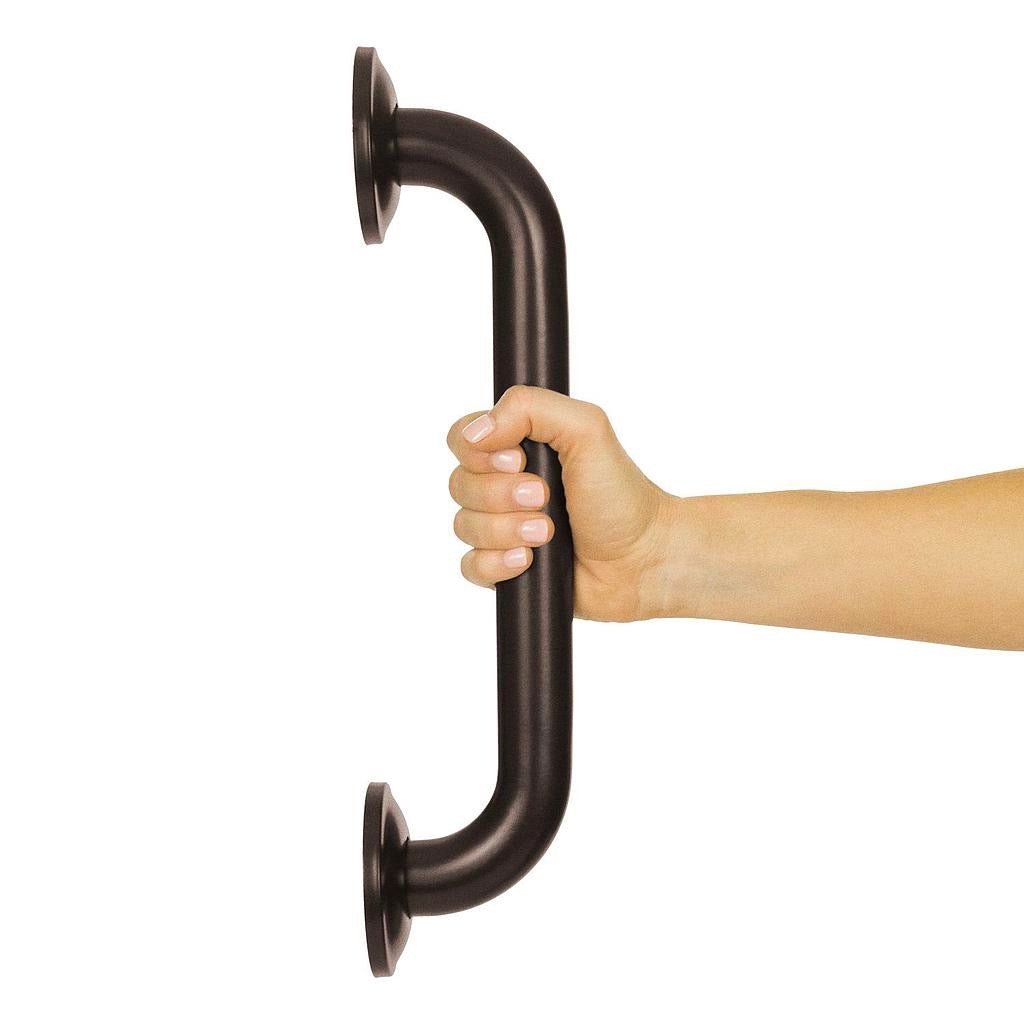 Dark bronze 24 in grab bar held by hand, smooth curved bar and round bases