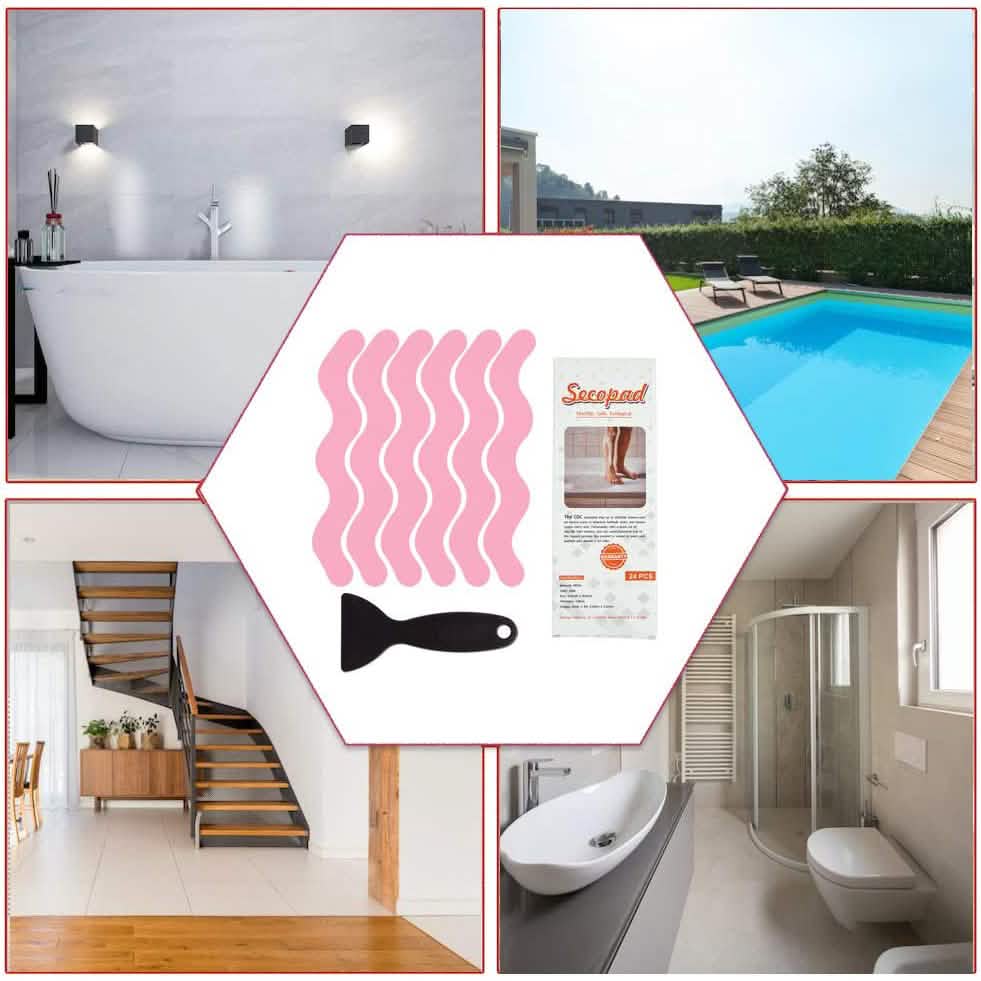 Collage of bathroom scenes with a product packaging featuring wavy lines and a brush.