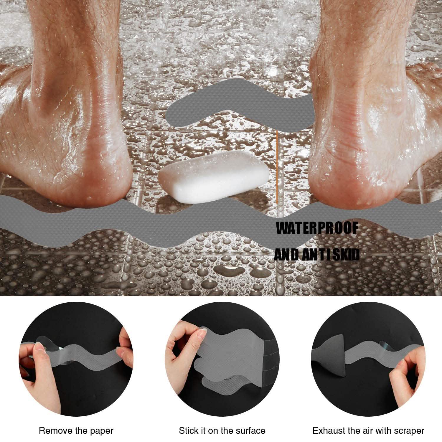 Product demonstration of waterproof and antiskid material with foot imagery and application instructions.