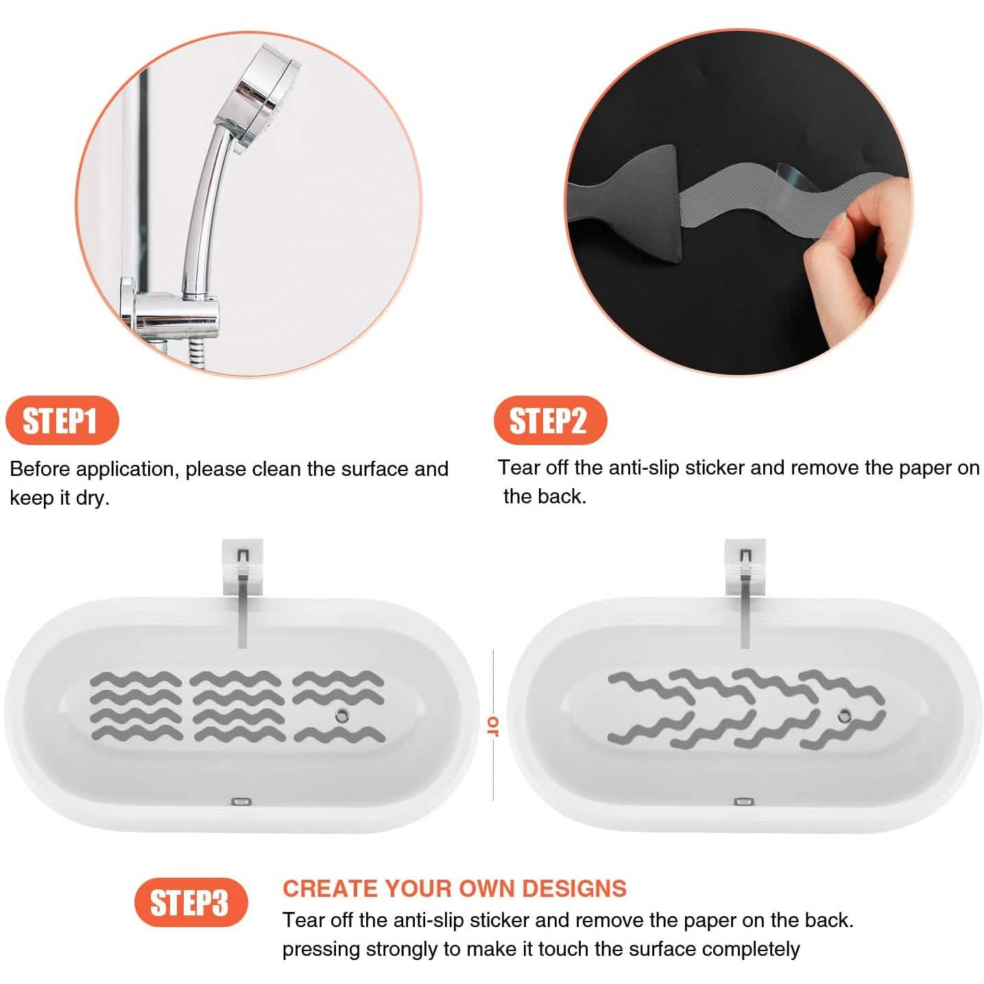 Instructions for applying an anti-slip sticker on a surface with close-up details.