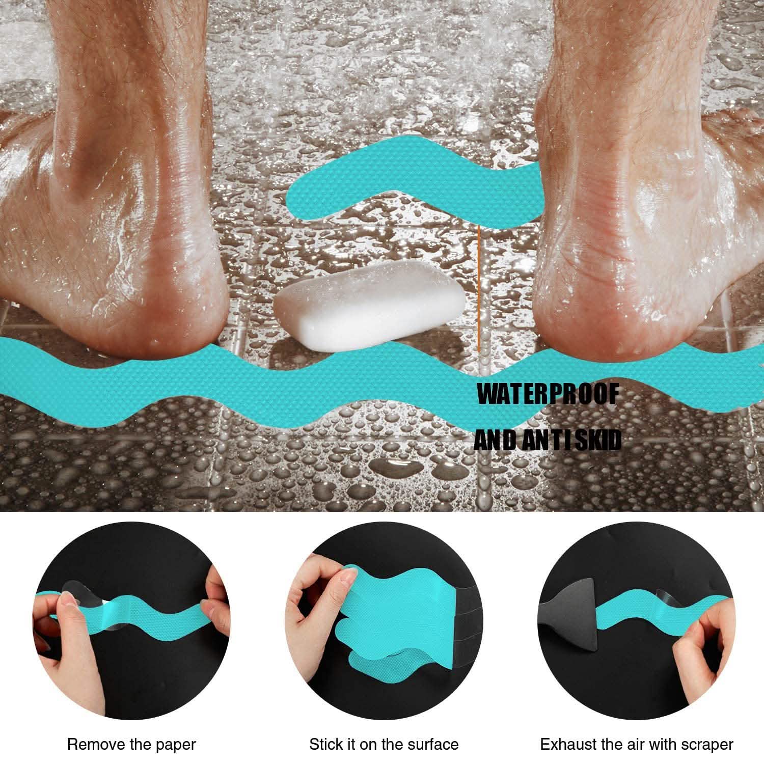 Product demonstration of a waterproof and antiskid strip application on feet with water droplets.