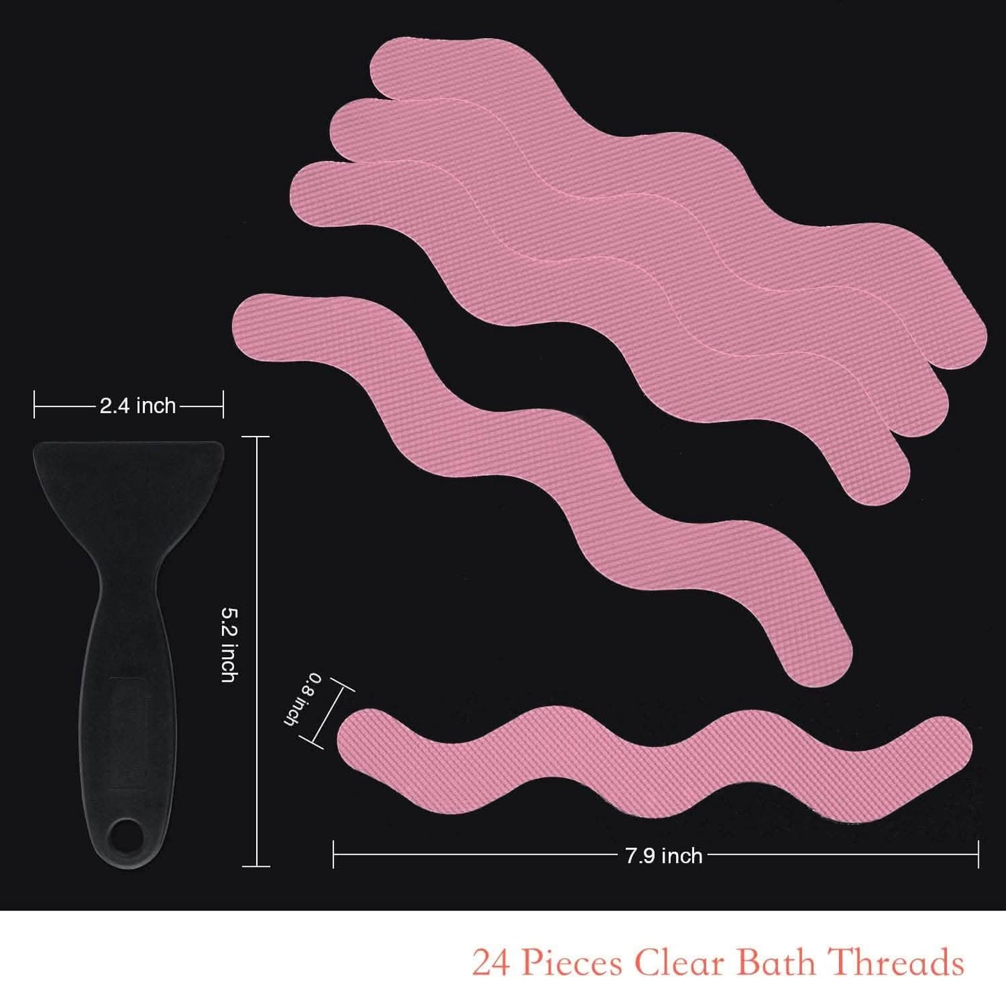 Pink bath threads with dimensions and a scrubber on a black background