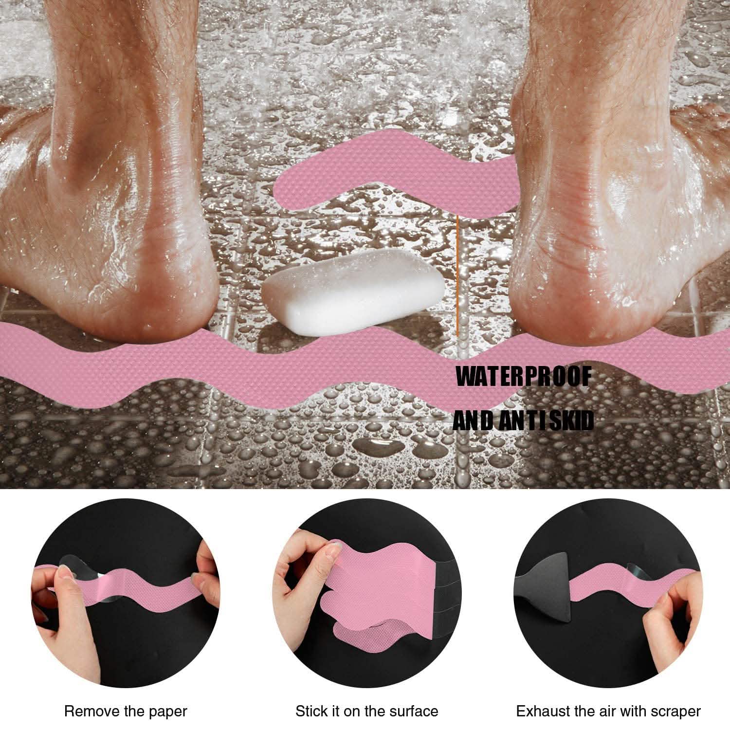 Product demonstration of a waterproof and antiskid pad with application steps shown.
