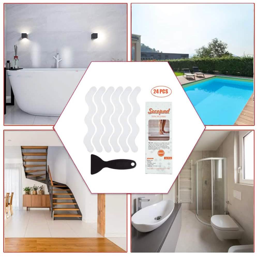 Collage of bathroom scenes with a product image overlay showing a scraper and packaging.