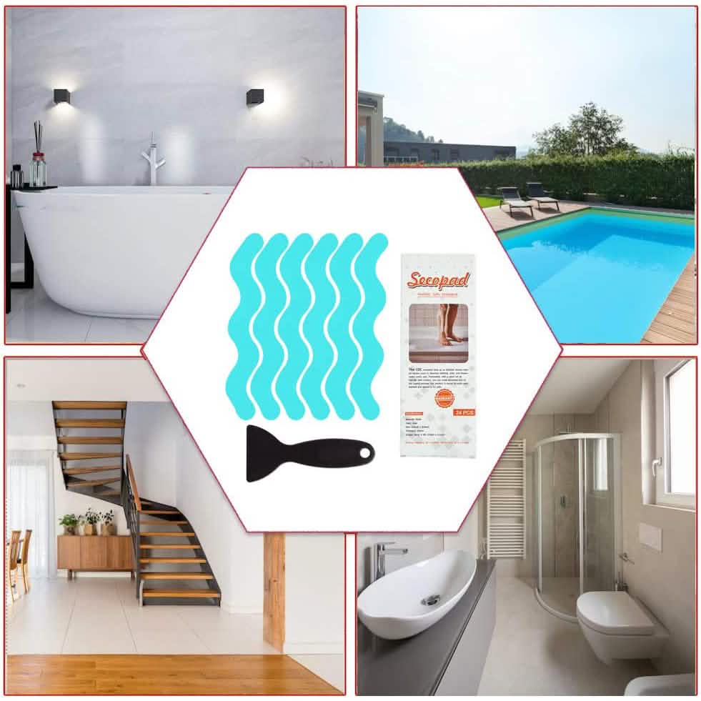 Collage of bathroom scenes with a central hexagonal graphic featuring wavy lines and a black object.