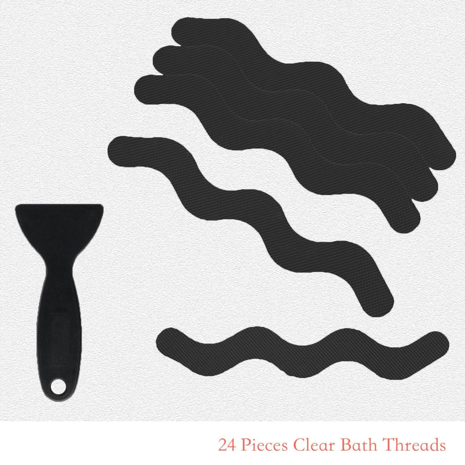 Black bath threads and a scrubber on a white background with text '24 Pieces Clear Bath Threads'.