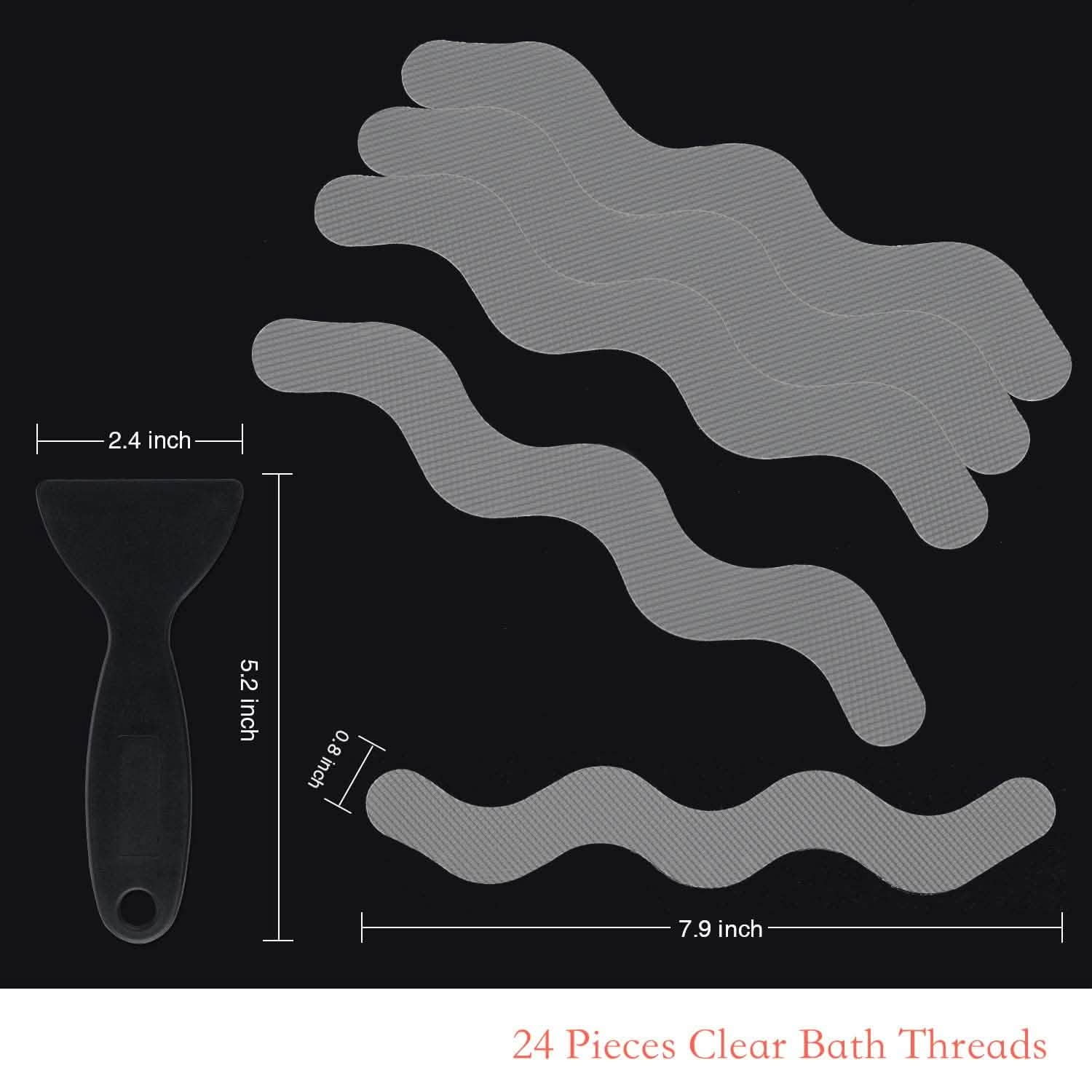 Clear bath threads with dimensions and a scrubber on a black background