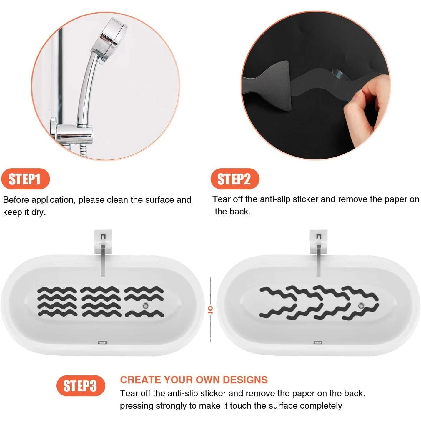 Instructions for applying an anti-slip sticker on a surface with close-up details.