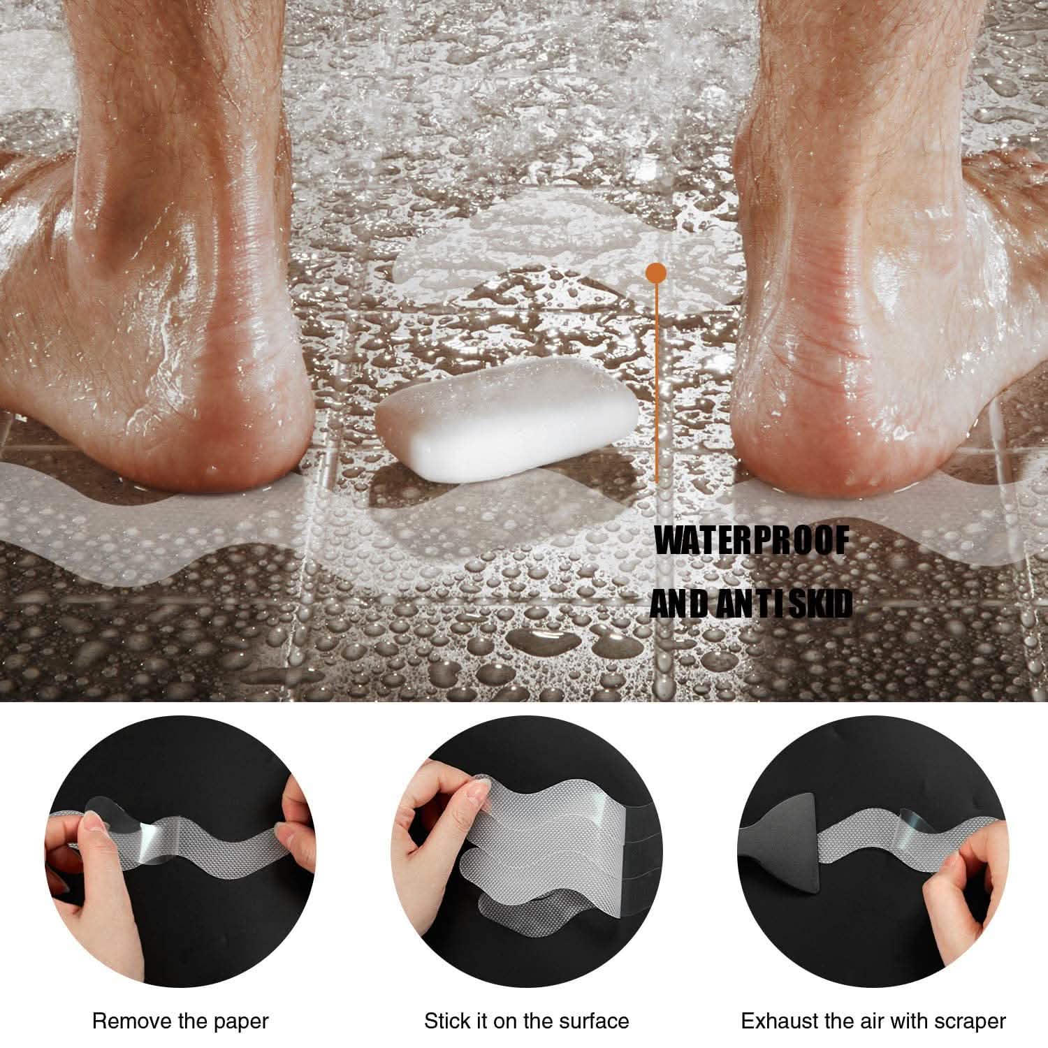 Product demonstration of waterproof and antiskid material application on feet with water droplets.
