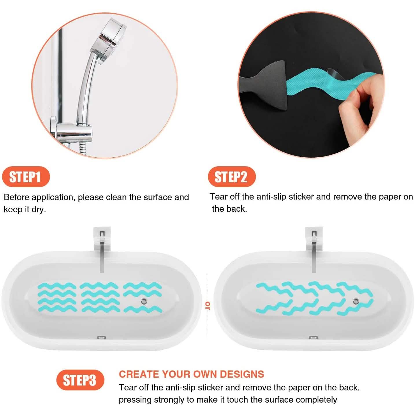 Instructions for applying an anti-slip sticker on a surface with close-up details.