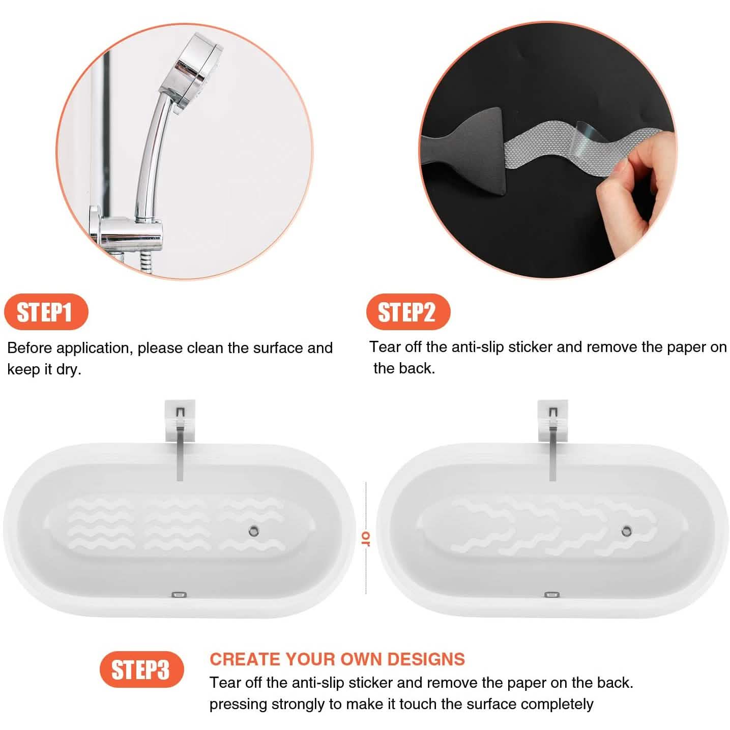 Instructions for applying an anti-slip sticker on a bathroom surface with close-up details.