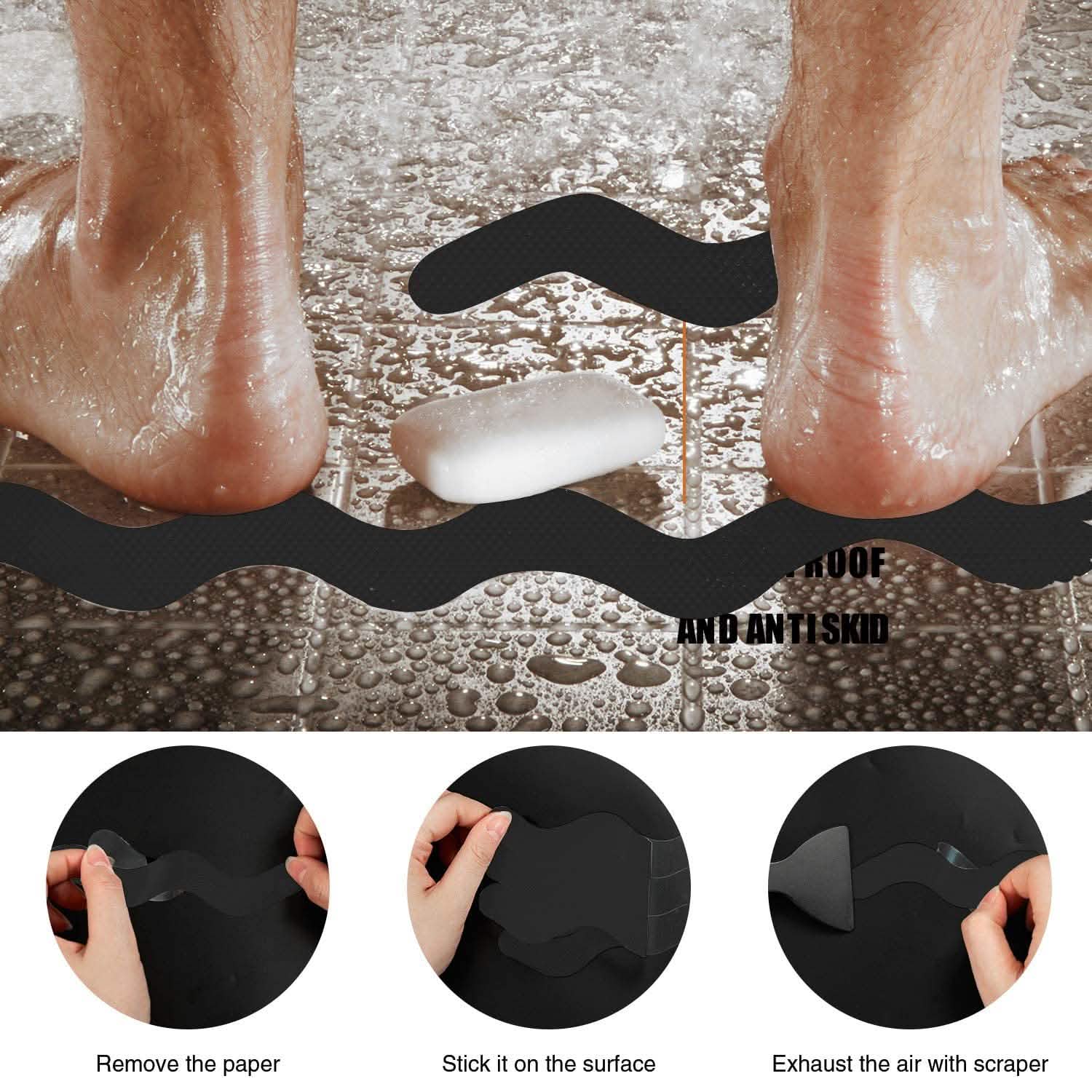 Black anti-slip pad being applied to a wet surface with instructions below.