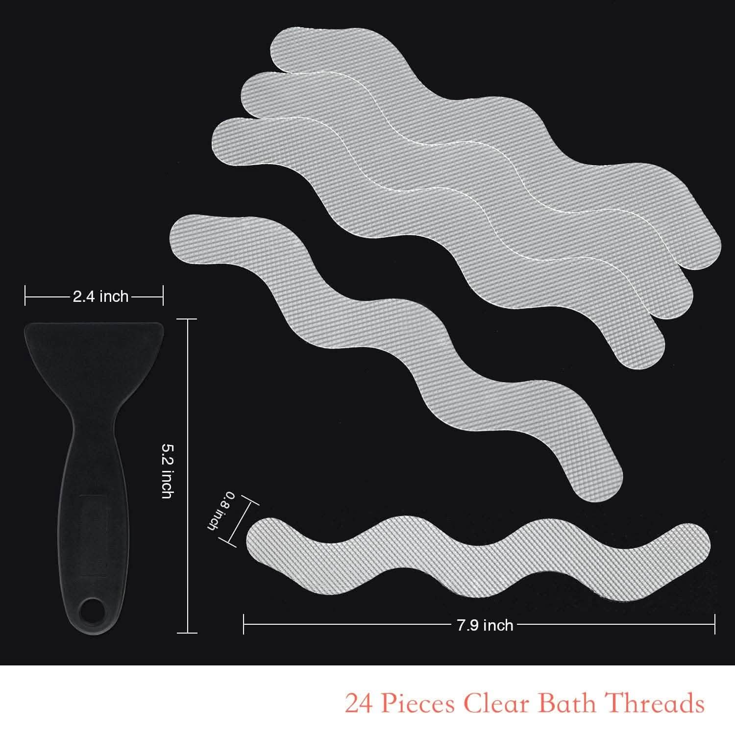 Clear bath threads with dimensions and a scrubber on a black background