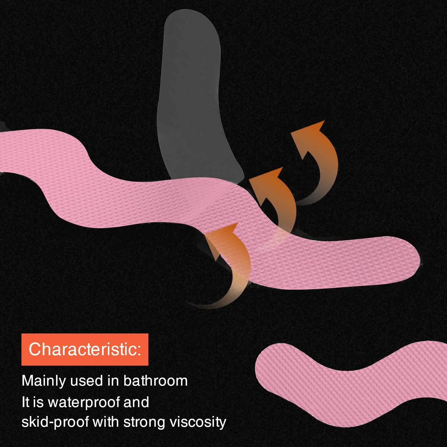 Illustration of a pink textured strip with arrows on a black background, describing its use in bathrooms.