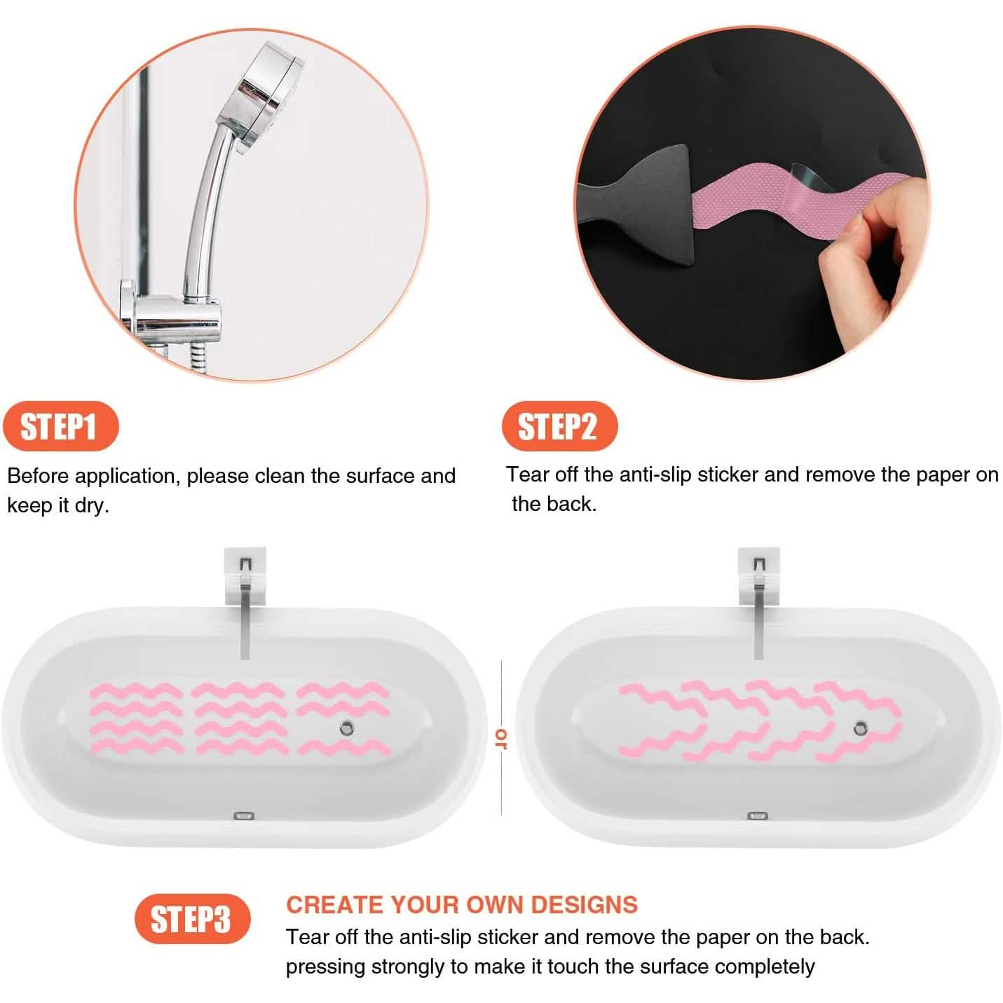 Instructions for using anti-slip stickers on a surface with close-up details.