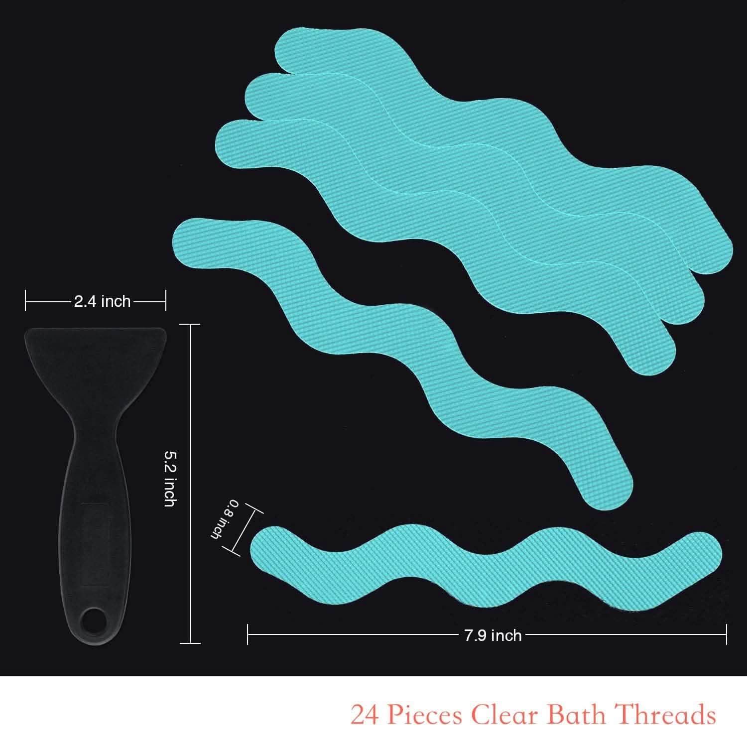 Clear bath threads with dimensions and a scrubber on a black background