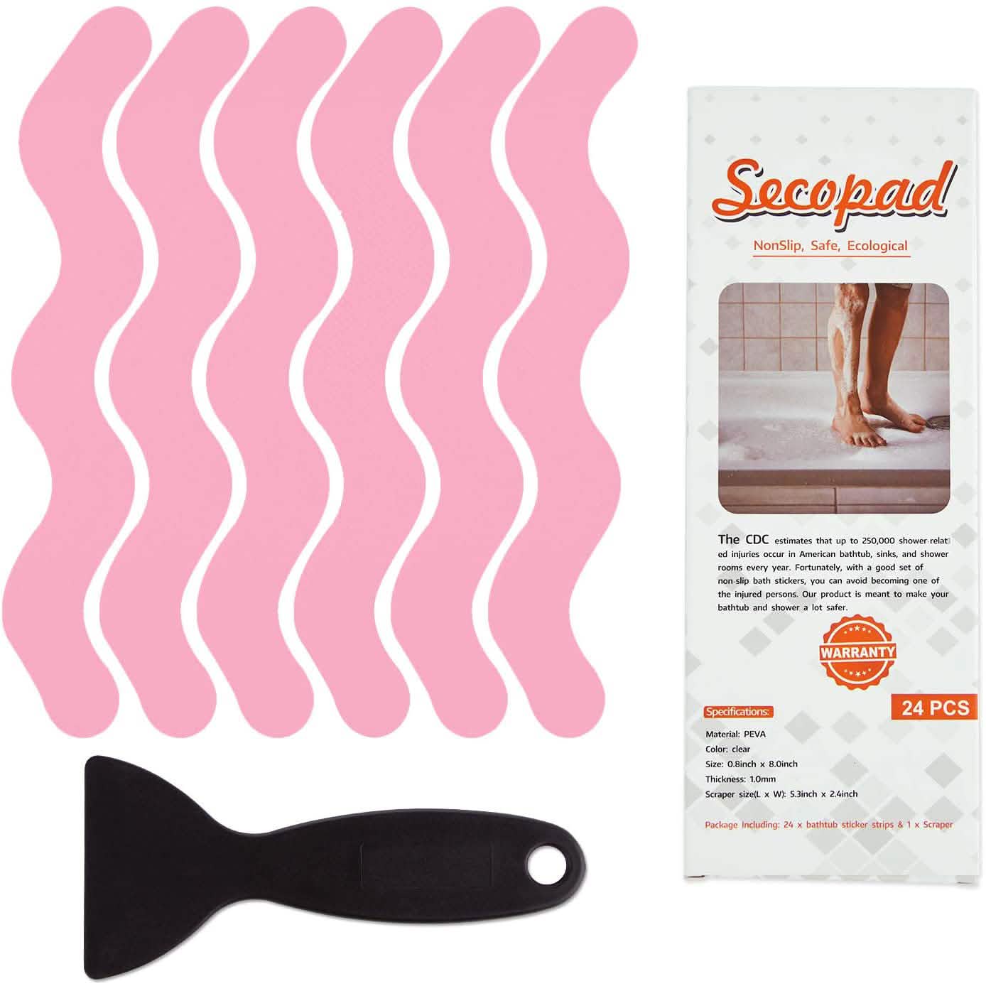 Pink textured strips with a black tool and Secopad packaging on a white background