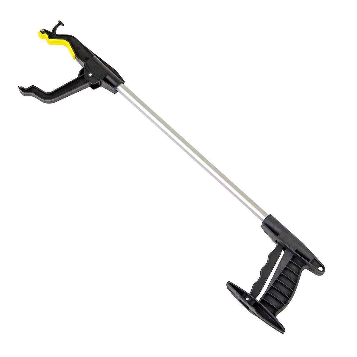 24" reacher grabber tool with black claw gripper, yellow trigger, silver shaft
