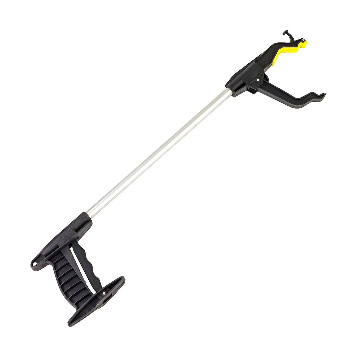 24" reacher grabber tool with yellow trigger, black claw jaws, silver telescoping shaft