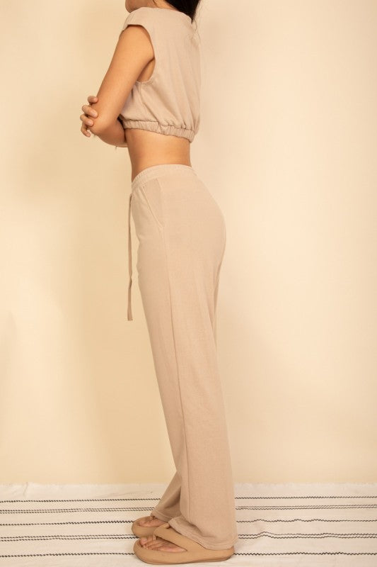 Sand beige wide-leg pants and cropped top set, elastic waist and side draw ties