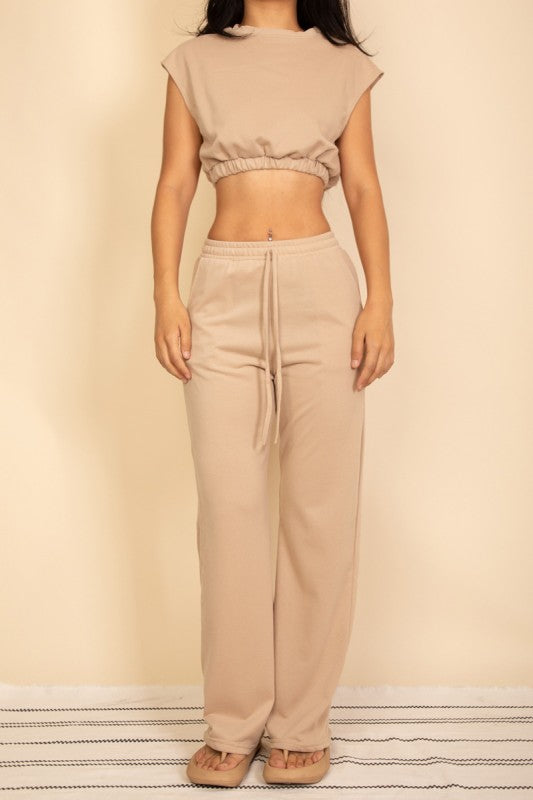 Sand beige crop top and wide-leg pants set with elastic waist and drawstring