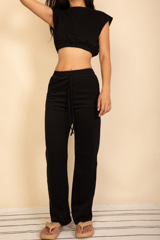 Black crop top and wide-leg pants set with elastic waist and drawstring