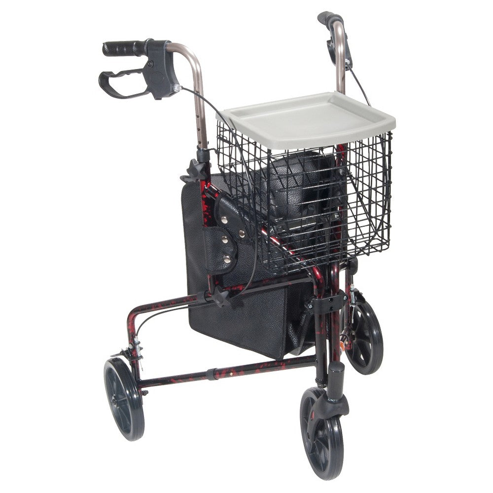 3-wheel rollator with wire basket tray, pouch, and flame-red frame