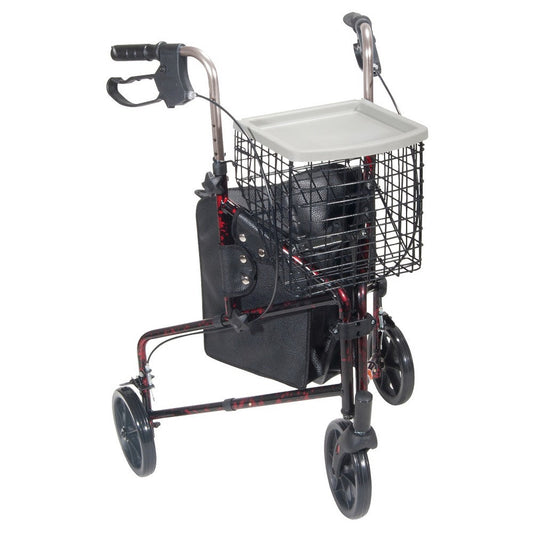 3-wheel rollator with wire basket tray, pouch, and flame-red frame