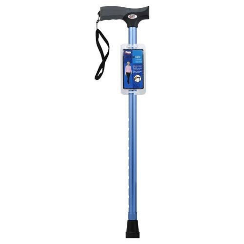 Metallic blue cane with soft grip handle and wrist strap, black rubber tip