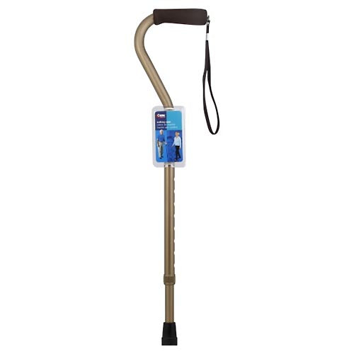 Bronze single-point cane with curved handle, wrist strap, and black rubber tip