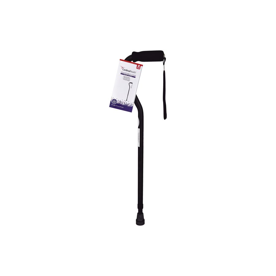 Black adjustable cane with offset handle and rubber tip, includes wrist strap