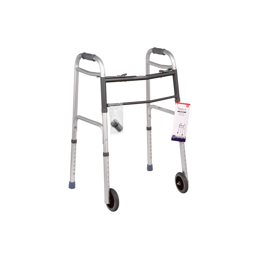 Gray folding walker with wheels, padded hand grips and front caster wheels