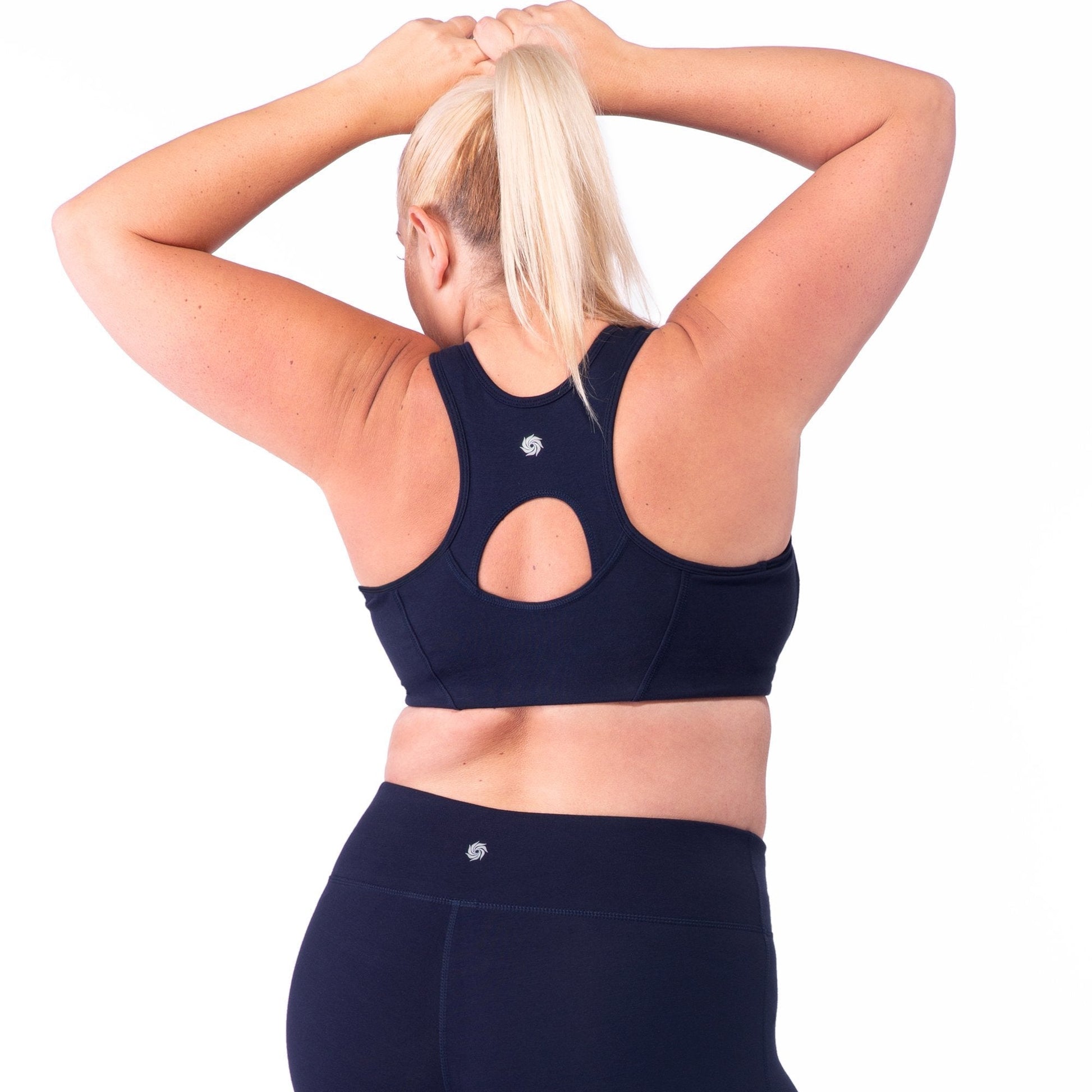 Navy zip-front bra back with keyhole cutout and racerback straps