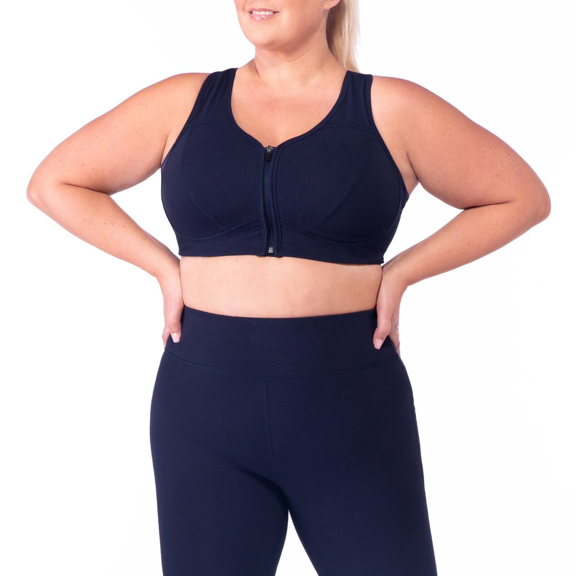 Navy zip-front bra with center zipper and cushioned cups