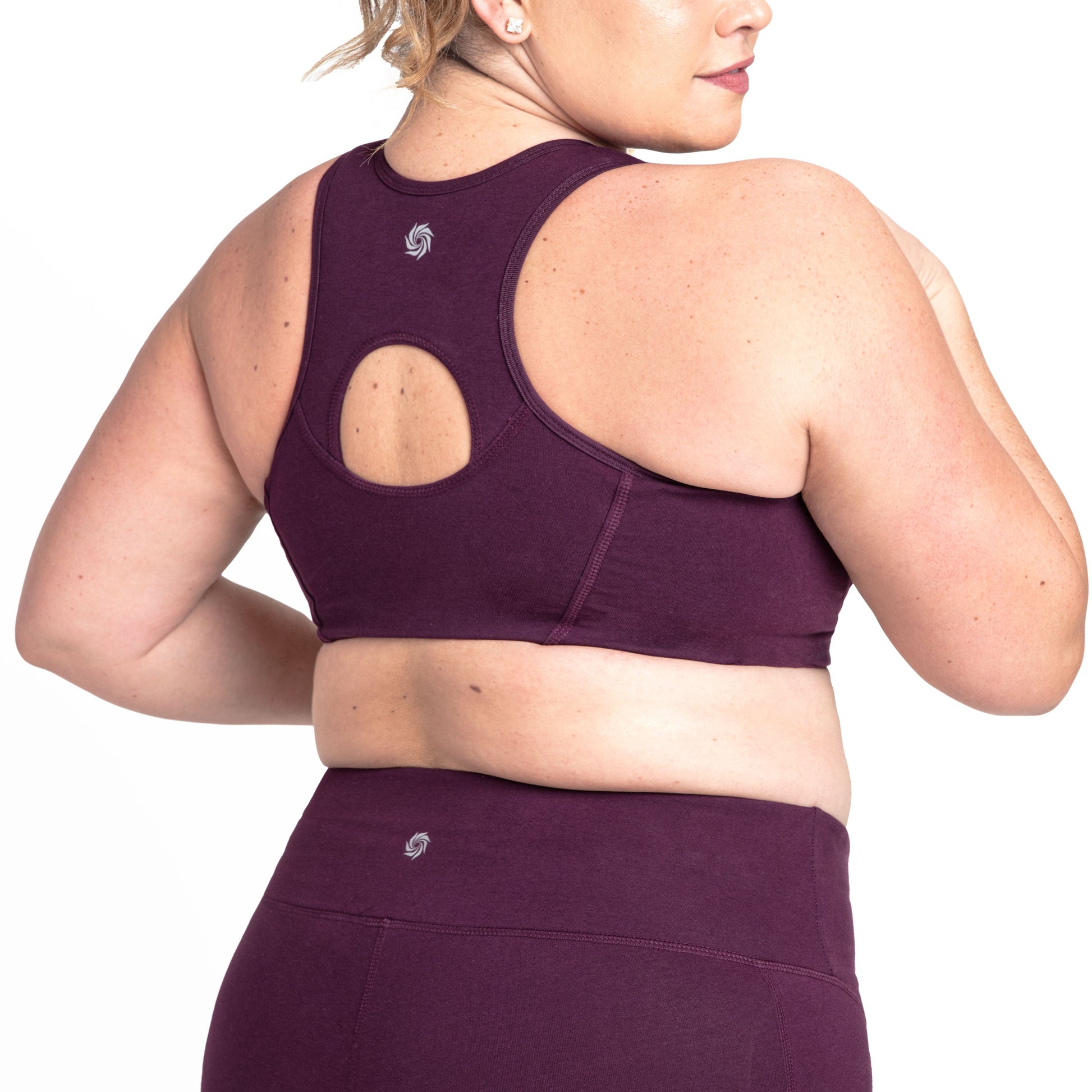 Purple zip-front bra back with keyhole cutout and racerback straps