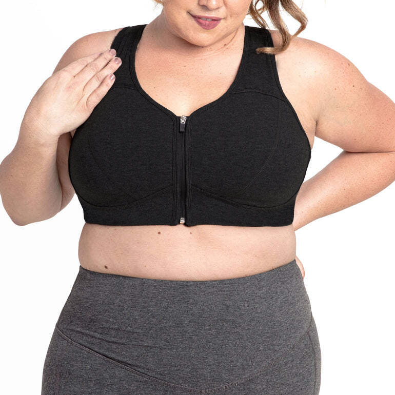 Black zip-front bra with racerback straps and seam details