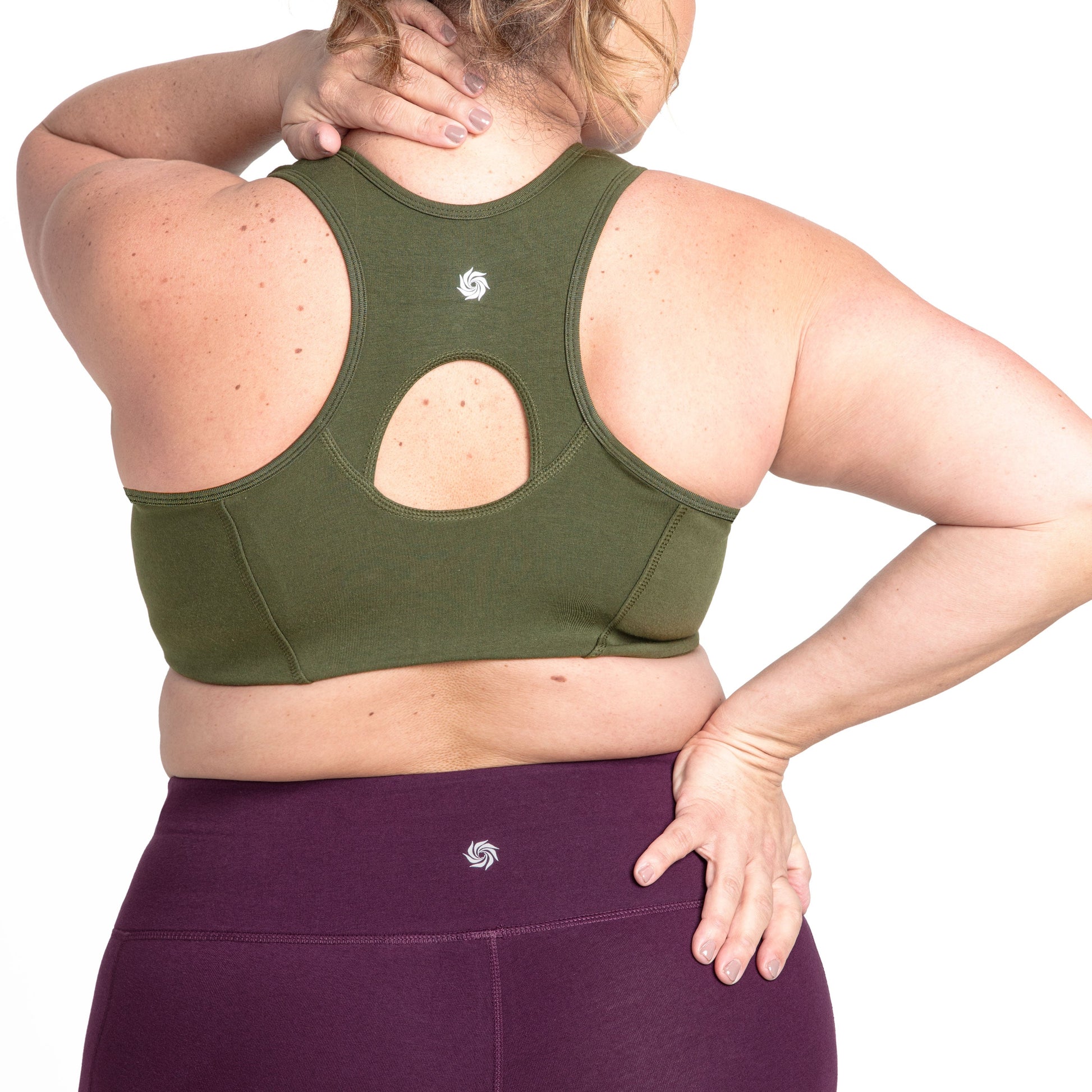 Olive zip-front bra back with keyhole cutout and racerback straps