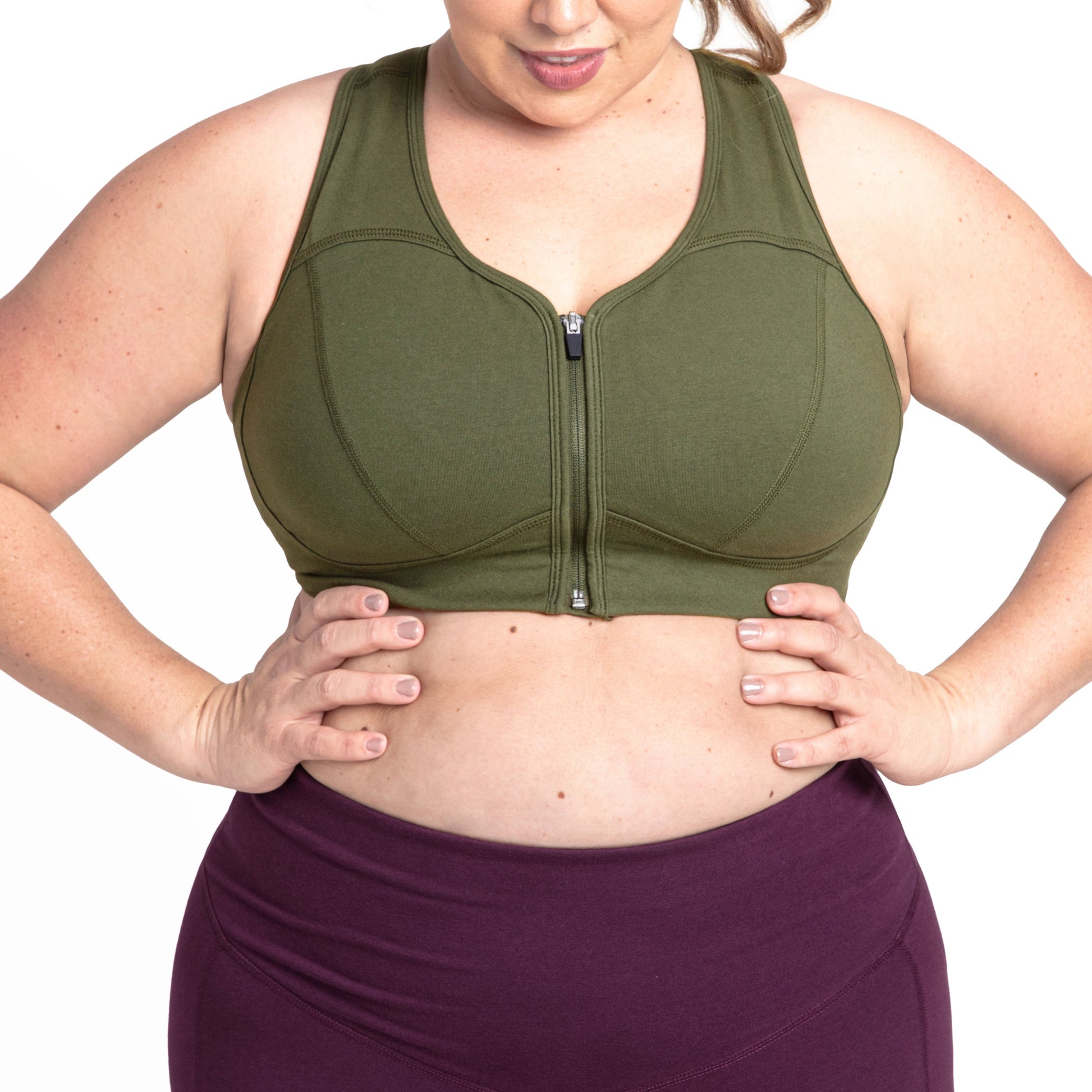 Olive zip-front bra with full-coverage cups and center zipper
