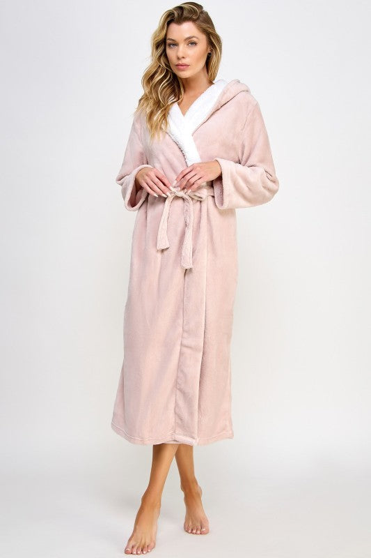 Pink hooded robe with white sherpa-style collar, belted waist, long sleeves