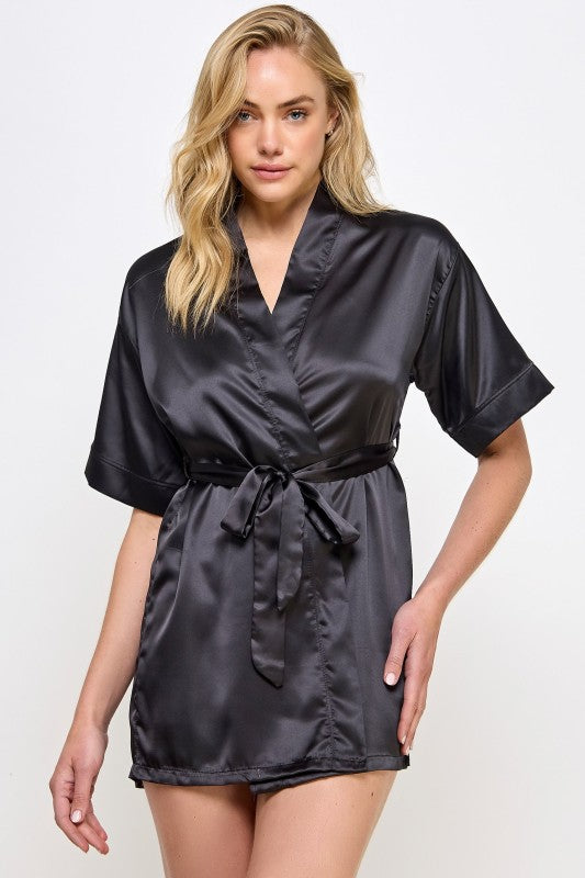 Black satin V-neck robe with short sleeves and tied waist belt