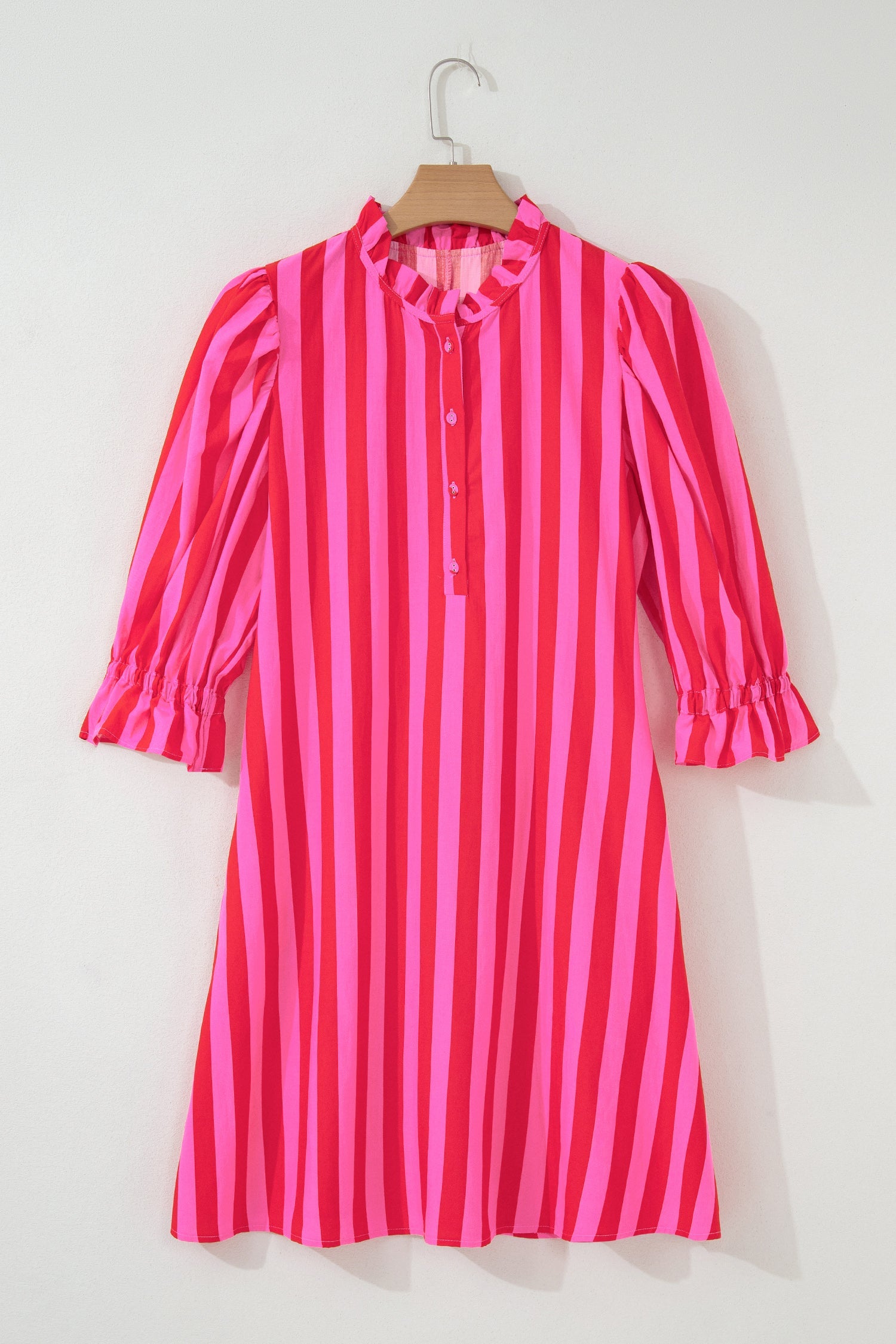 Pink and red striped mini dress with ruffled collar and puff sleeves