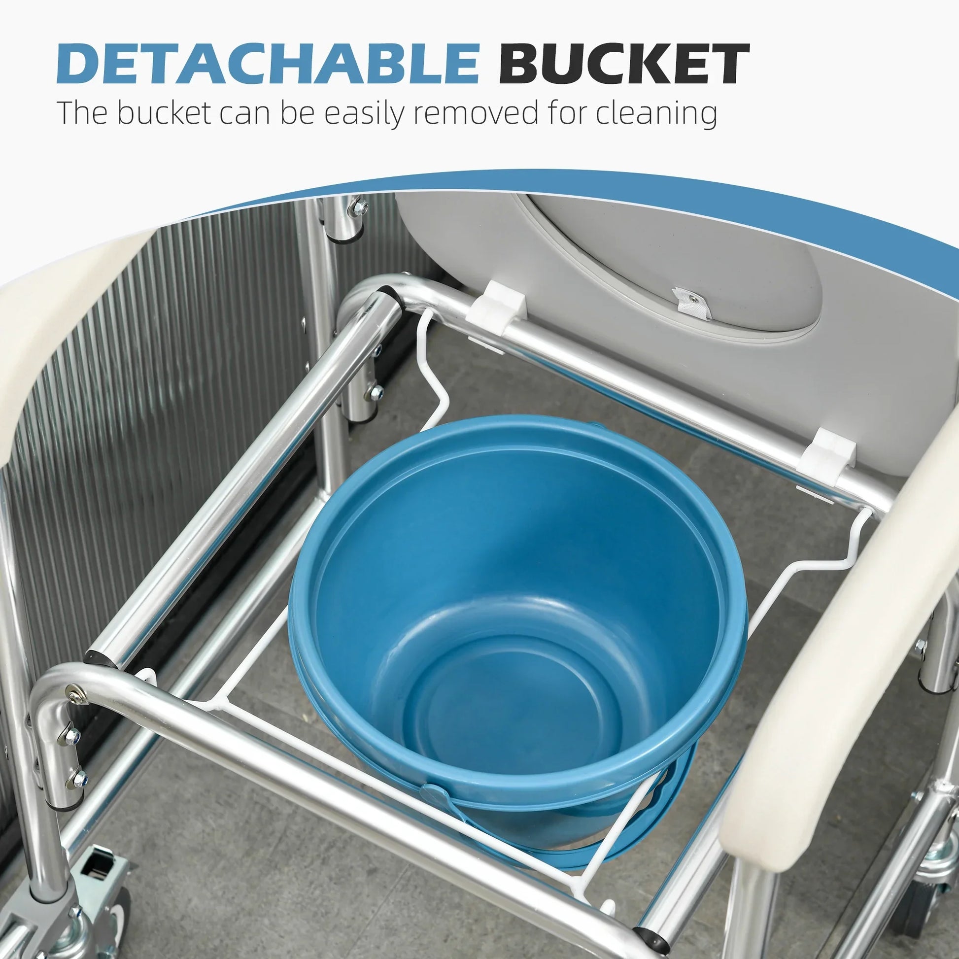 Detachable blue commode bucket inside shower commode chair with padded side arms