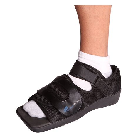 Square-top post-op shoe, black with hook-and-loop straps and open toe
