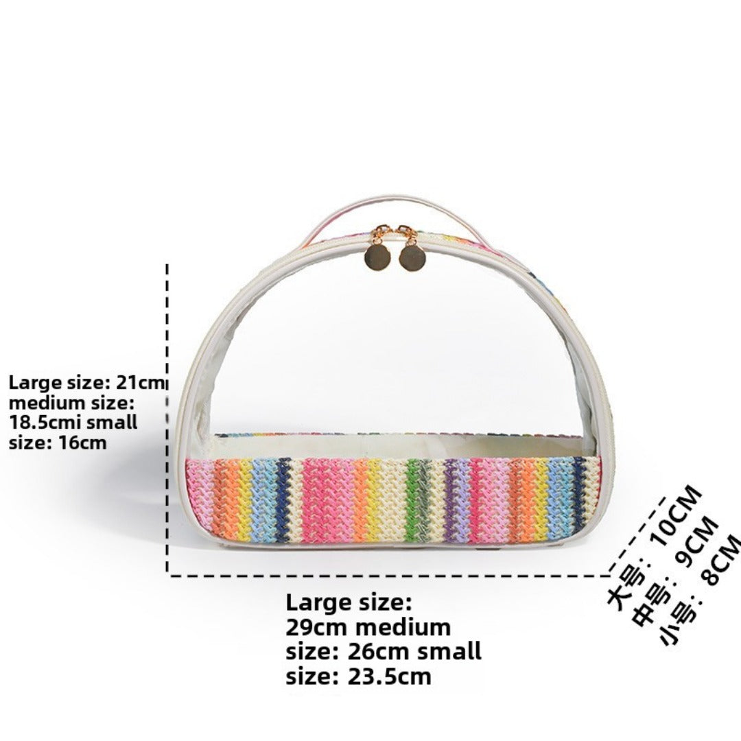 Rainbow striped clear semicircular cosmetic bag with arched handle, size guide shown