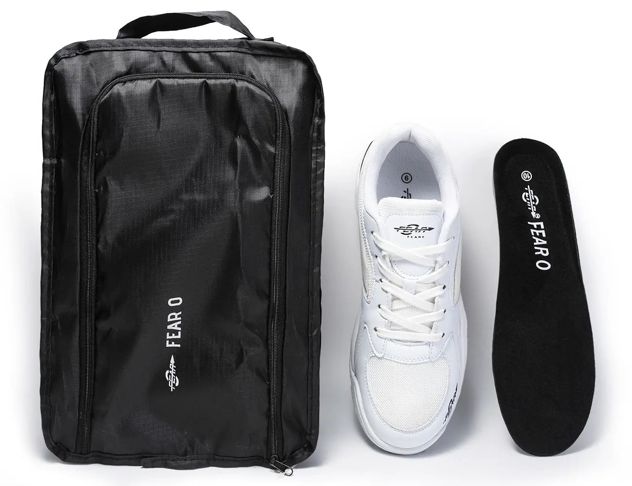 Men's white walking shoes with black insole and included shoe storage bag