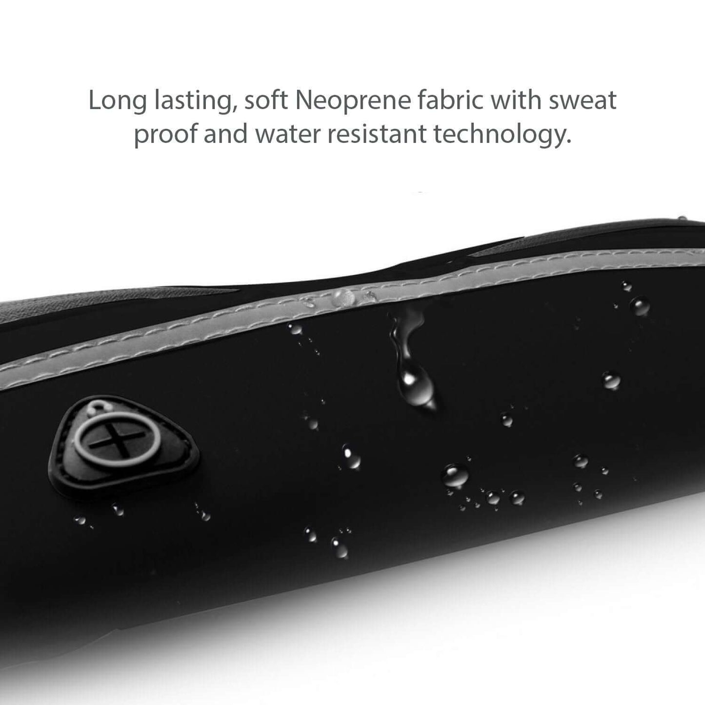 Black water-resistant running belt with water droplets on smooth fabric