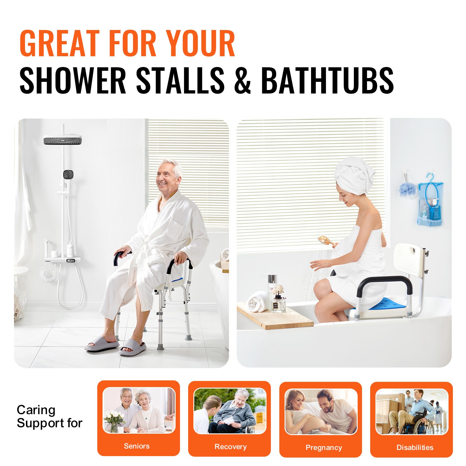 Product advertisement for shower stalls and bathtubs with images of a man and woman using the products.